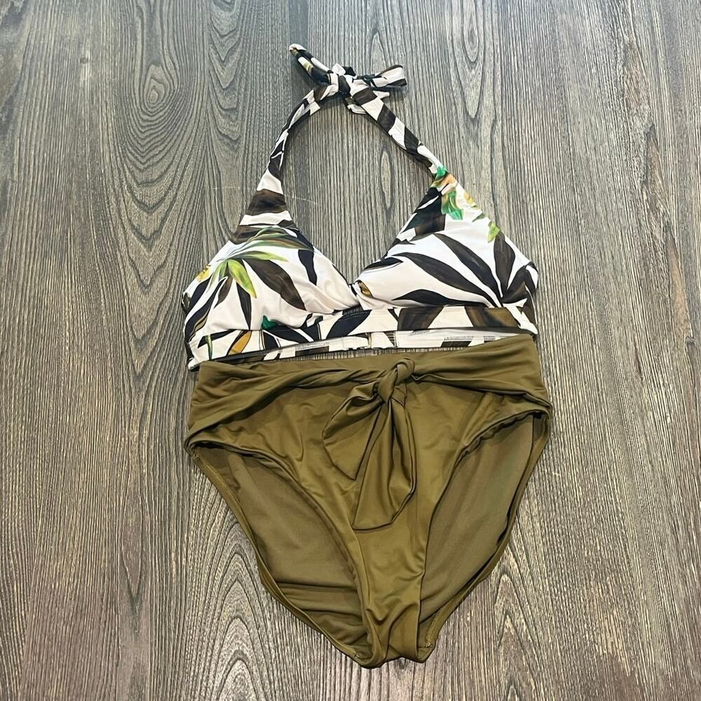Gibson Latimer Bikini Set High Rise Halter Neck Tropical Print White/Green Sz L